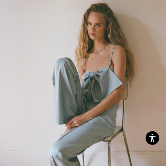 Matching Pale blue satin like bow crop top and pants